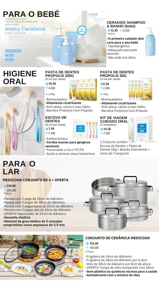 para bebé, higiene oral e produtos para o lar Atomy